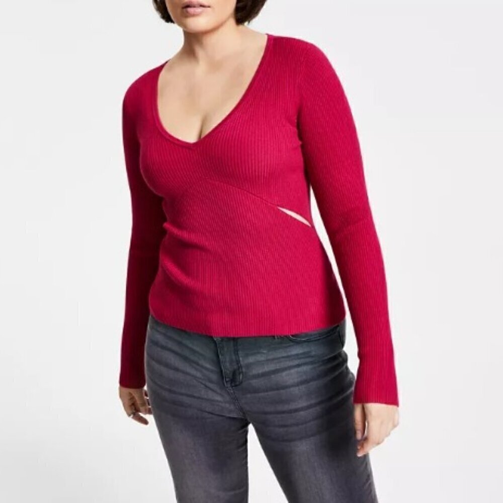 Bar III Women's Red V-Neck Side Slits Fitted Sweater Size L